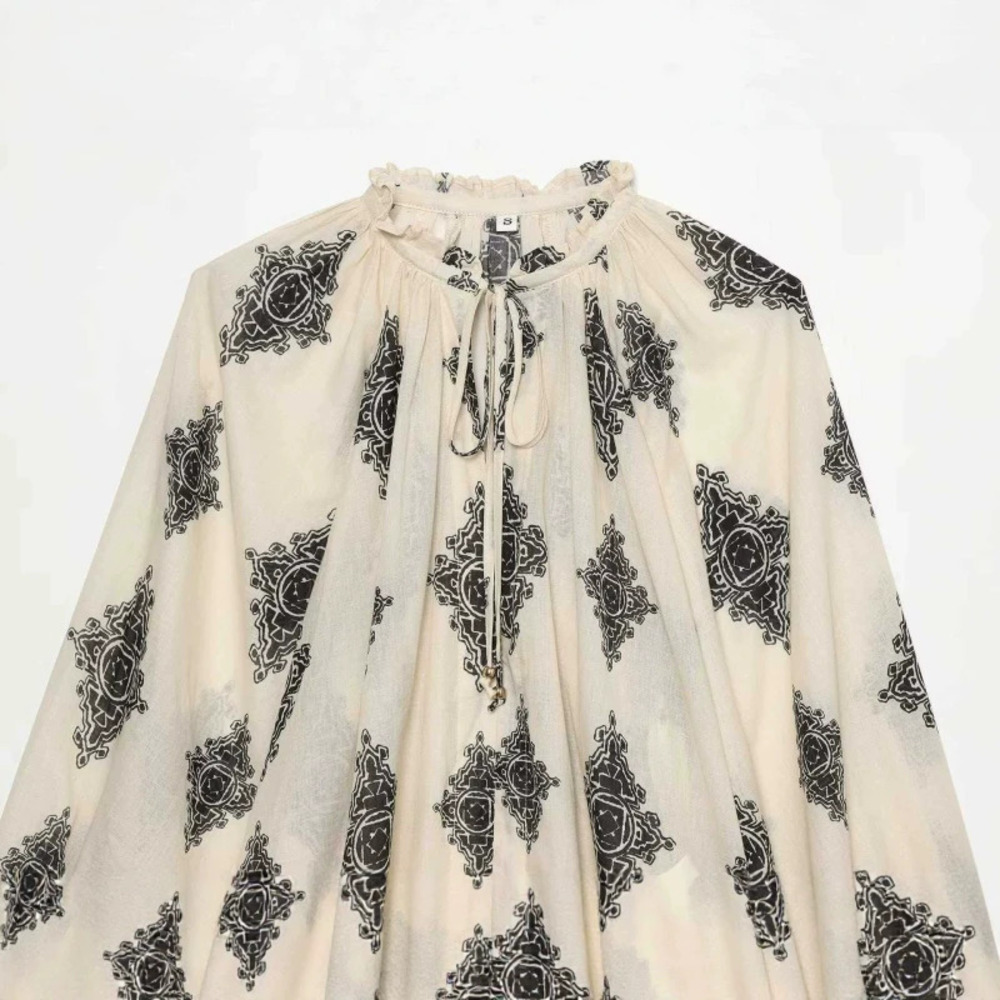 ZARA Summer Vintage Ethnic Print Tie Blouse Versatile